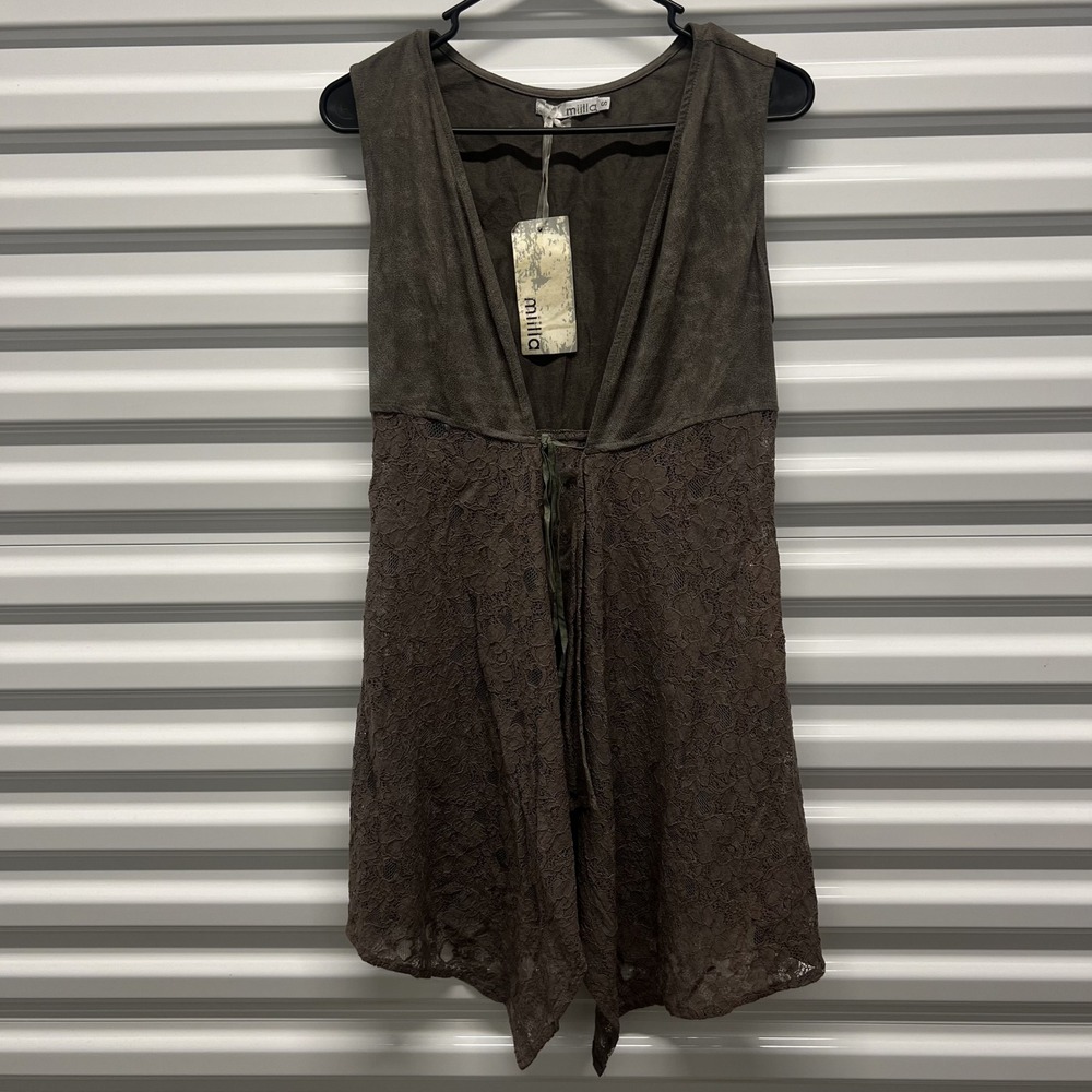 Milla Tunic Top Size S Womens Brown Faux Suede Lace Tie Front Sleeveless BohoNWT